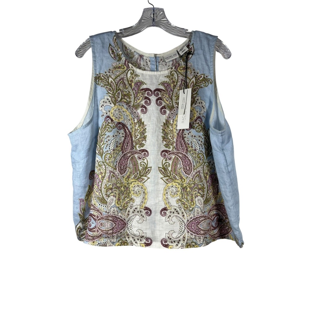 NWT Rachel Zoe Sz XL Top 100% Linen Blouse Paisley Blue Covered Buttons New